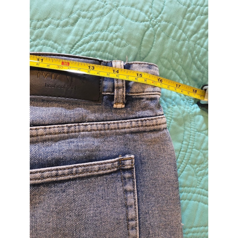 BoohooMAN Mens‎ Patchwork Denim Jeans Blue Frayed Raw Edge Streetwear 32S - Picture 7 of 11